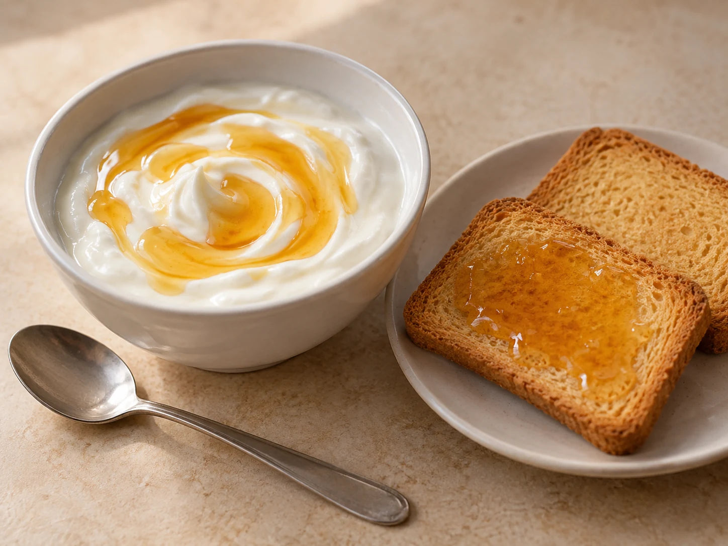 Yogurt bianco con miele e fette biscottate a colazione