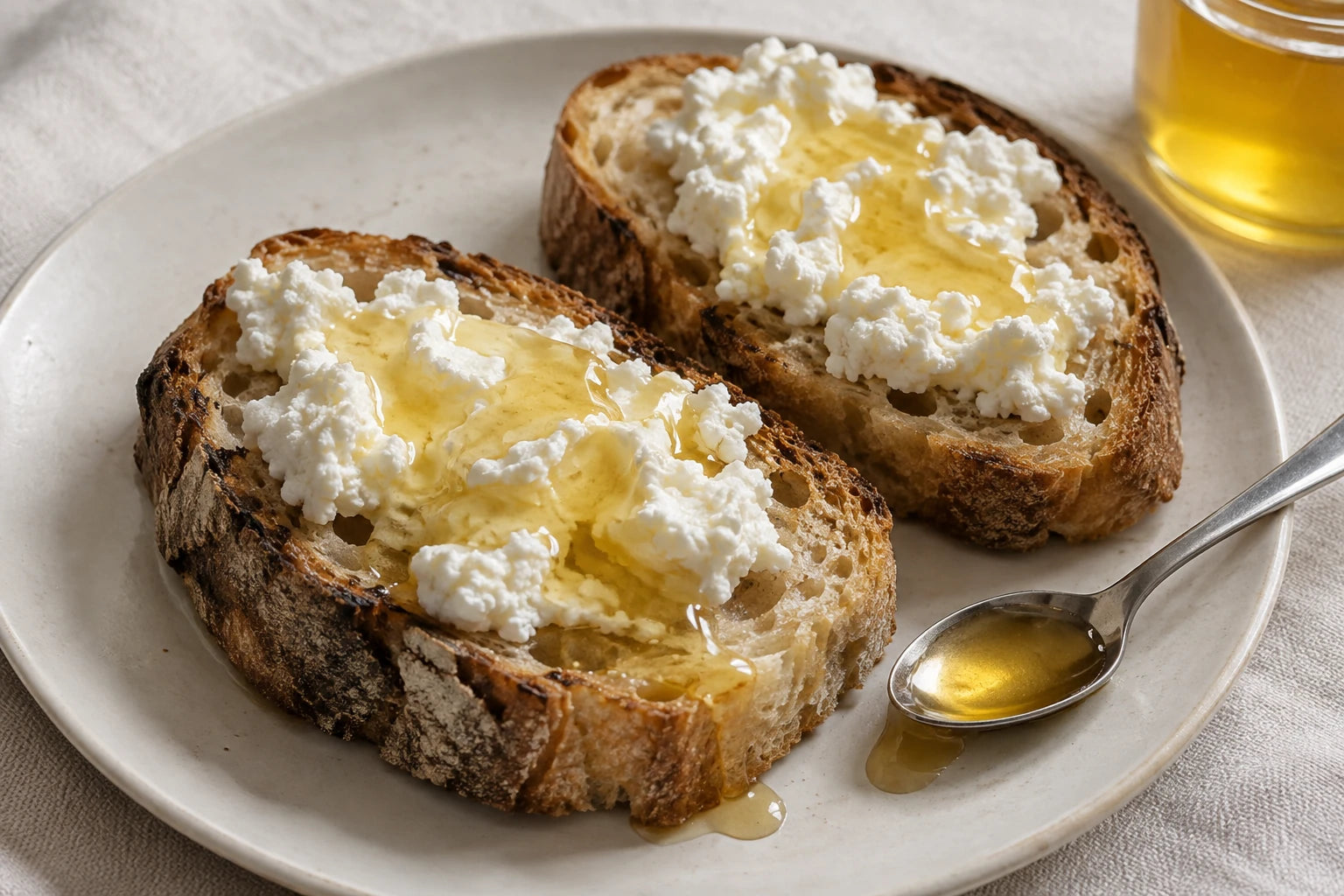 Pane, ricotta e miele sulla tavola